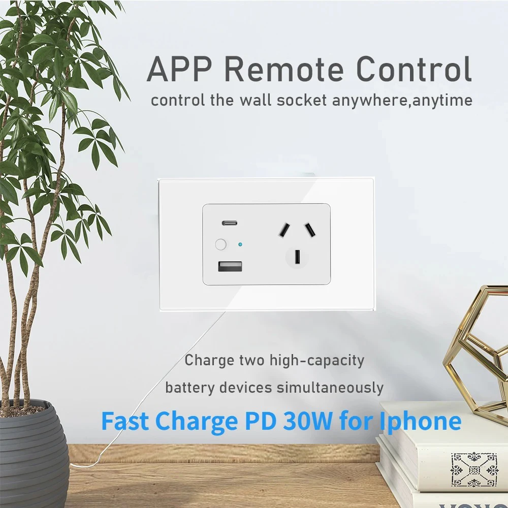 Melery AU Plug Tuya Wi-Fi Smart Touch Switch Wall Socket Glass Panel USB Type C for Iphone Outlet Remote by Alexa Google Home