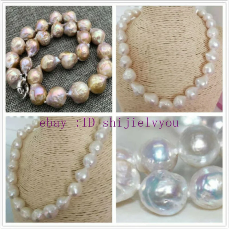 Big 13-16mm Natural South Sea Purple / White Baroque Edison Pearl Nelace AAA