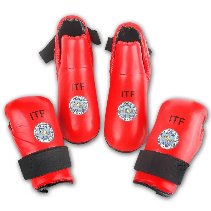White ITF Gloves Taekwondo Footwear Red/Blue PU Leather Foot Guard Ankle Pads Martial Arts Karate Training Protector Customized view 2