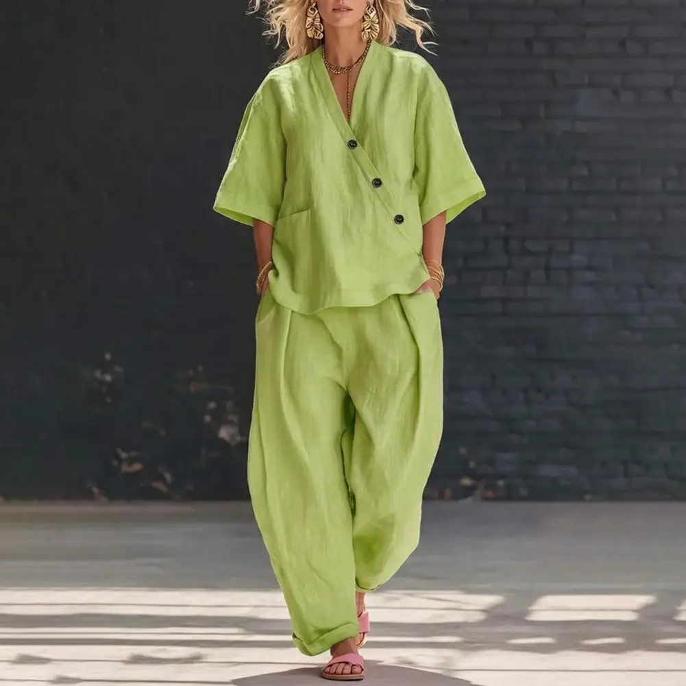 

2026 Women's Solid Color 2-Piece Casual Set Loose V-Neck Short Sleeve Top With High Waist Long Pants Plus Size Two-piece Set