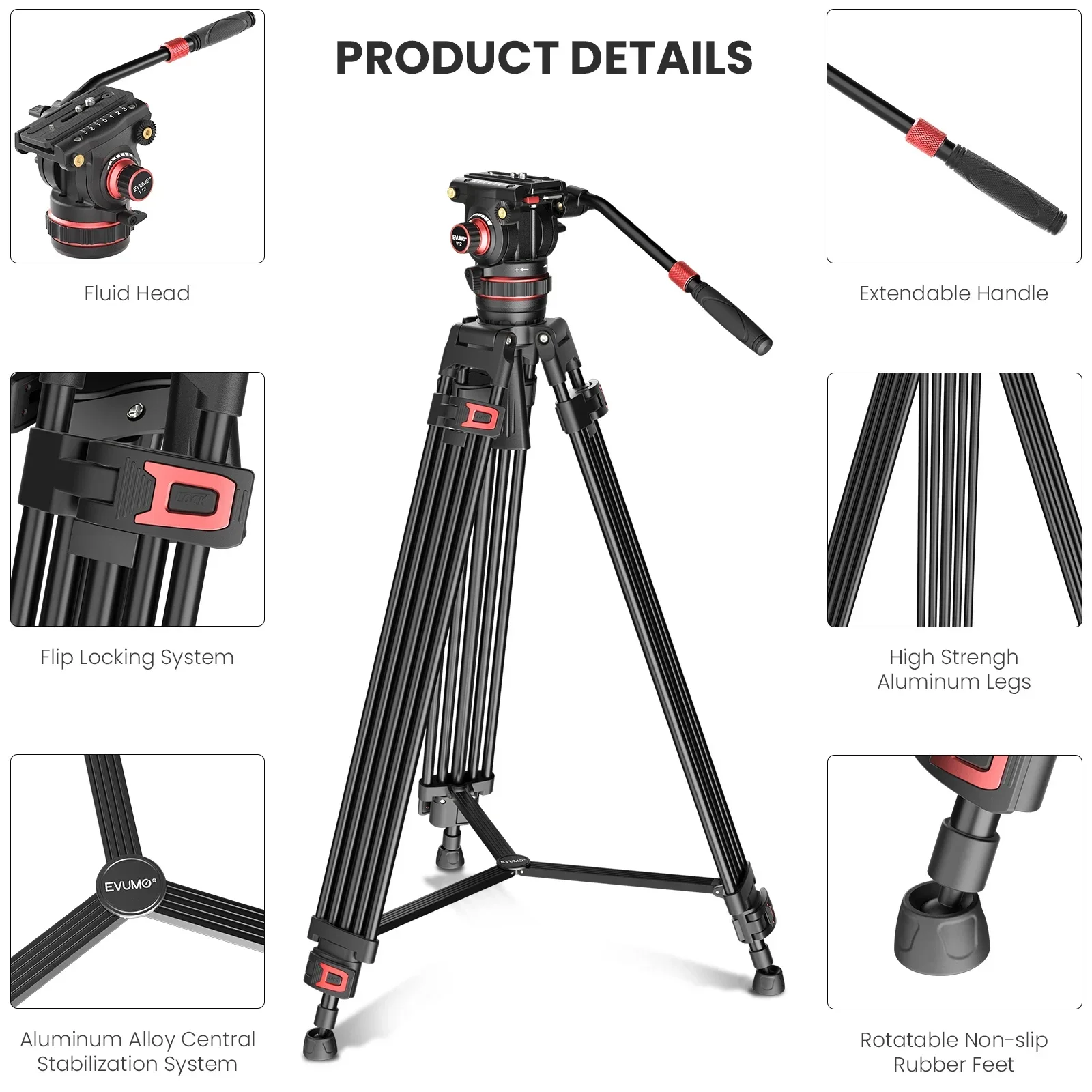 74-Trépied vidéo professionnel en métal rapide pour caméscope, tête vidéo des Émirats arabes unis, inclinaison panoramique, amortissement, charge maximale 22lb/10kg