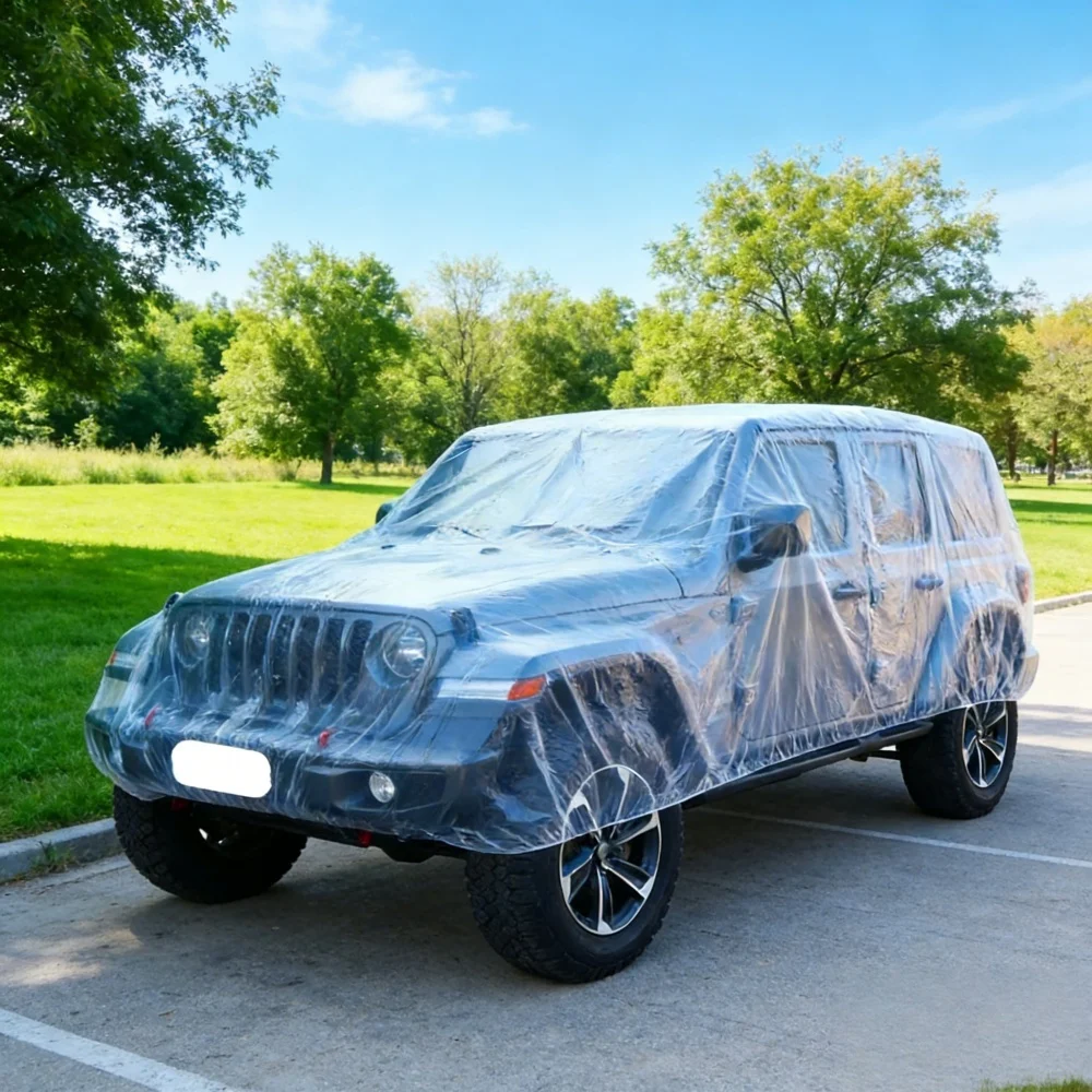 1 Stück Einweg-Transparente Autoabdeckung Universelle PEVA Staubdichte Kratzfeste Elastische Staubschutzhülle Auto-Außenschutz Zubehör – Detail 5