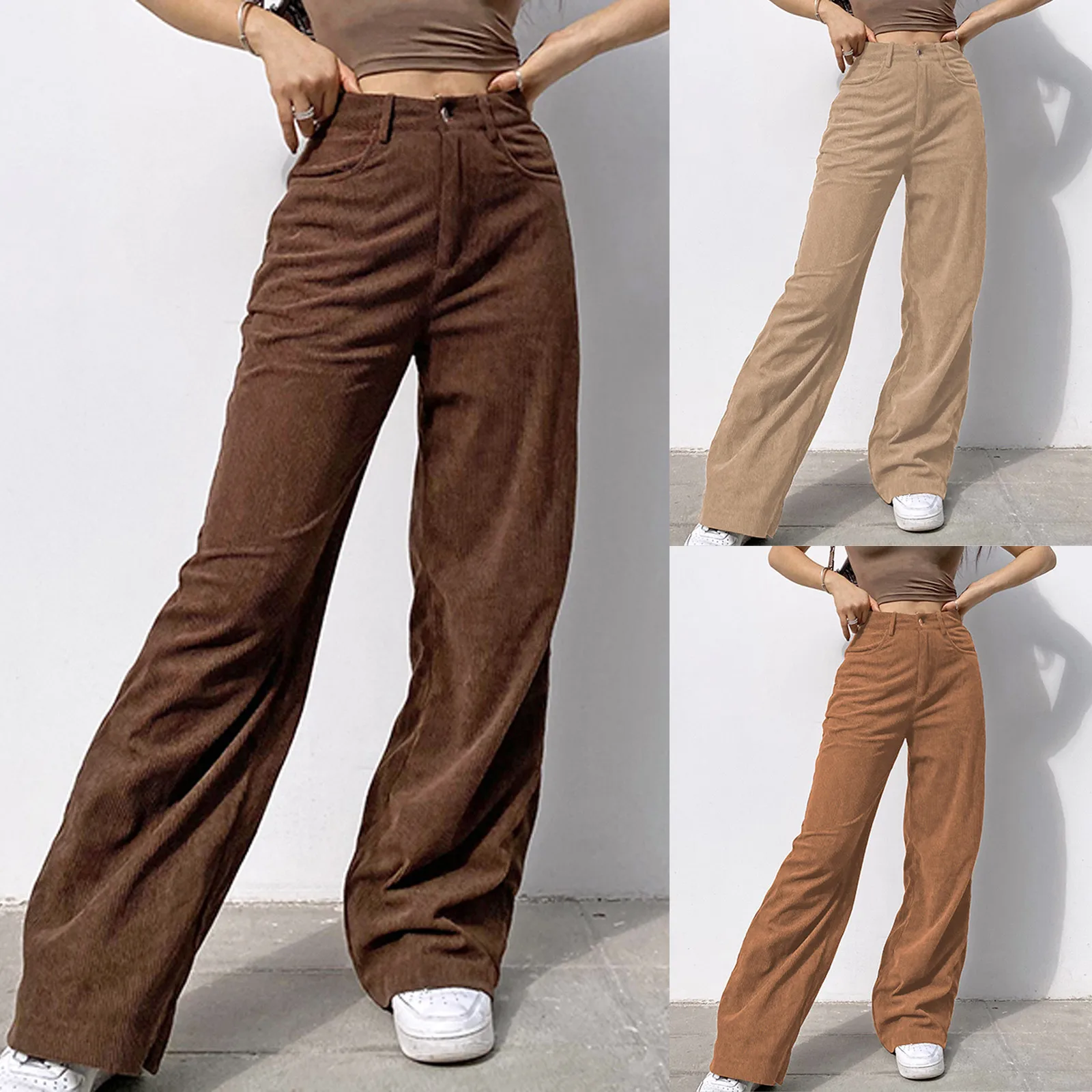 

Women’s Solid Trousers Mid Waisted Wide Leg Pants Straight Casual Baggy Trousers Vintage Brown Sweatpants 2022 New Trousers