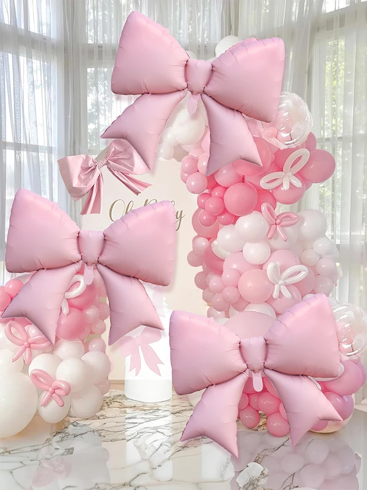 Globos de película de aluminio con lazo rosa grande, 3 uds., para Baby Shower, niña, género, revelación, fiesta de cumpleaños, boda, compromiso, decoraciones