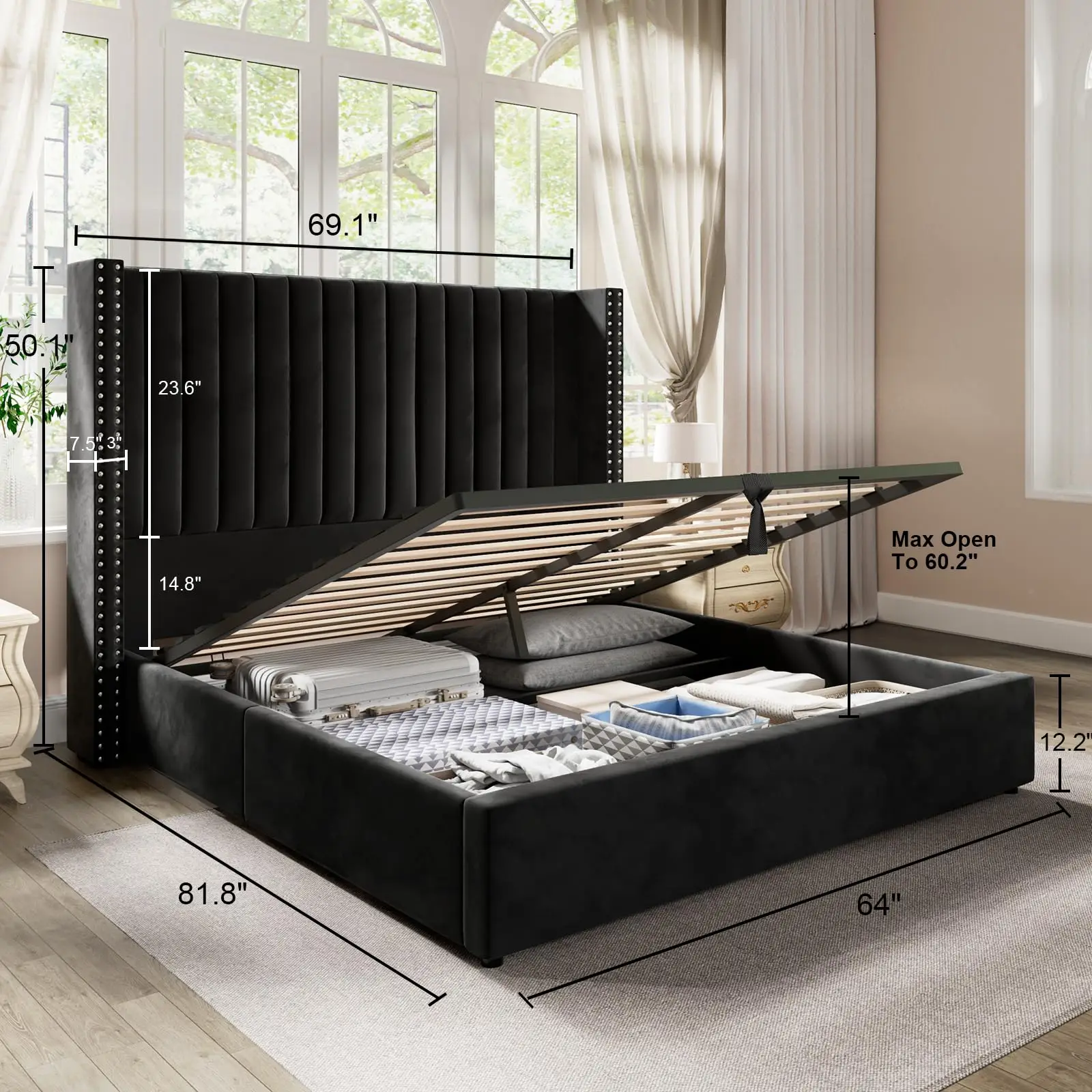 Lift up Storage Bed Frame Queen Upholstered Platform Bed Velvet with Channel Tufted Wingback Headboard No Box Spring Needed