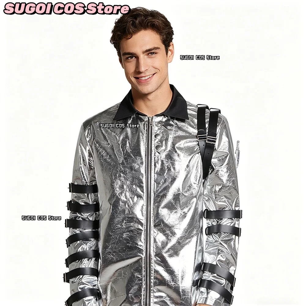 

SUGOI COS+Michael Cosplay Bad World Black Straps Jacket Style Costume Shiny Silver Stage Performance Halloween Fans Party Outfit