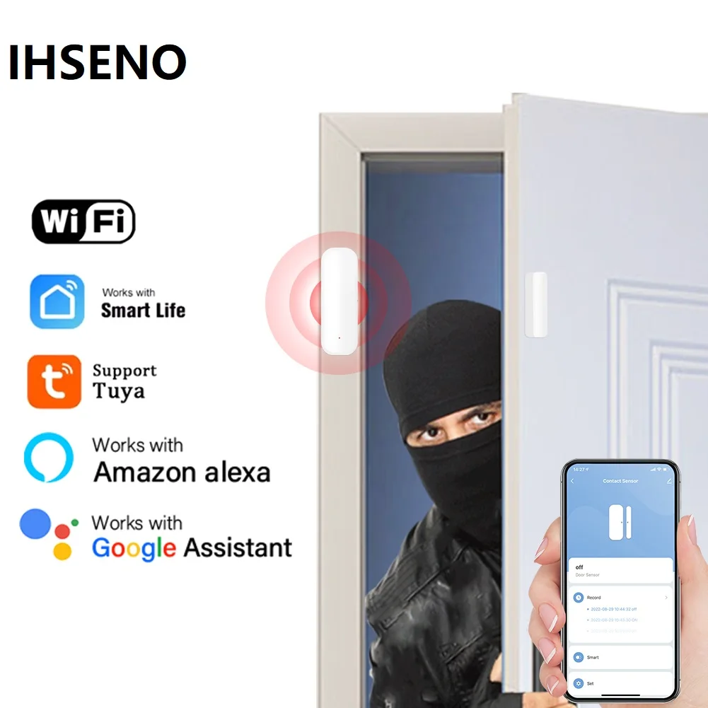 IHSNEO Tuya WiFi  Door Window Sensor Smart Home Wireless Door Open / Closed Detector Smart Life Control Via Alexa Google Home