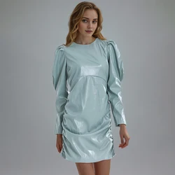 Leather Dresses For Women Round Neck Puff Sleeve High Waist Mini Patchwork Zipper Temperament Dress Female Autumn New