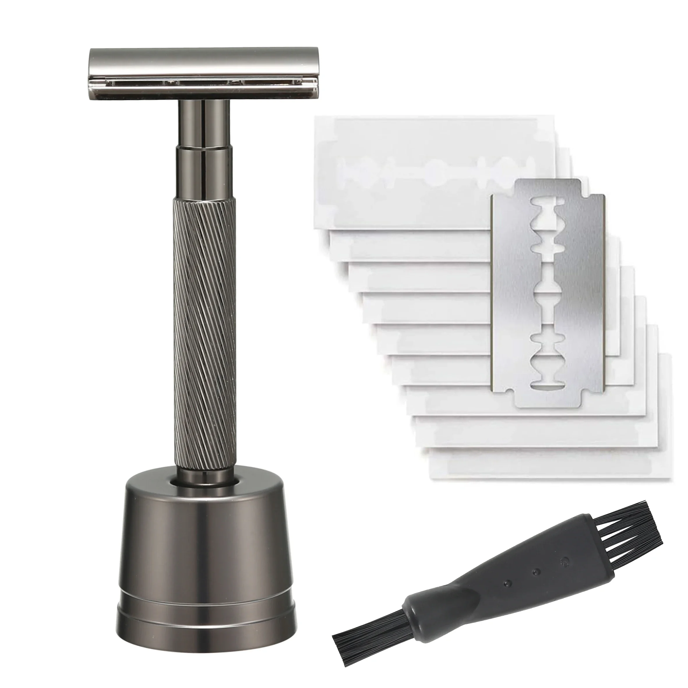 ماكينة حلاقة آمنة بحافة مزدوجة، مقبض طويل، حزمة شفرات من الفولاذ المقاوم للصدأ. 3 قطع تقليدية، تقلل من حرق الحلاقة، ناعمة