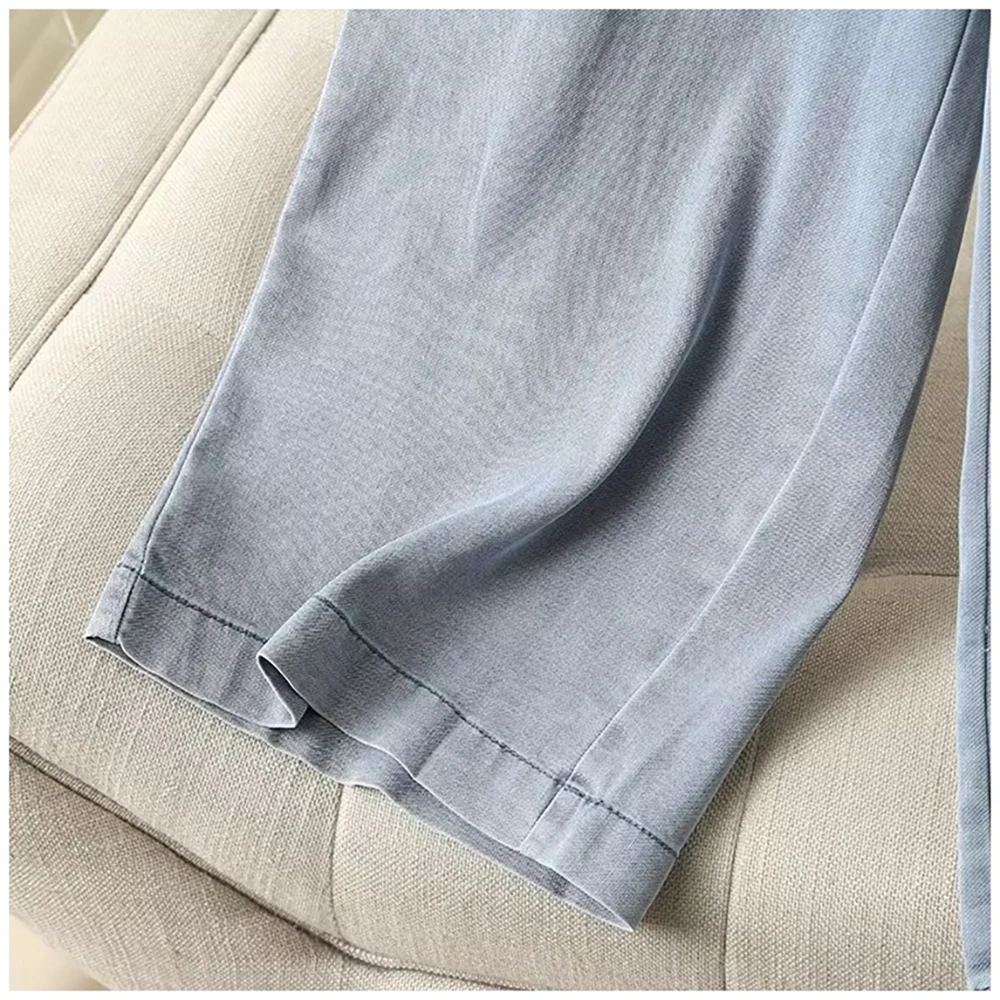 Jeans Sutra Es Tipis Wanita Bersirkulasi Celana Denim Kaki Lebar Pinggang Elastis Tiga Kancing Musim Panas 2025 Celana Jeans Biru Longgar Kasual