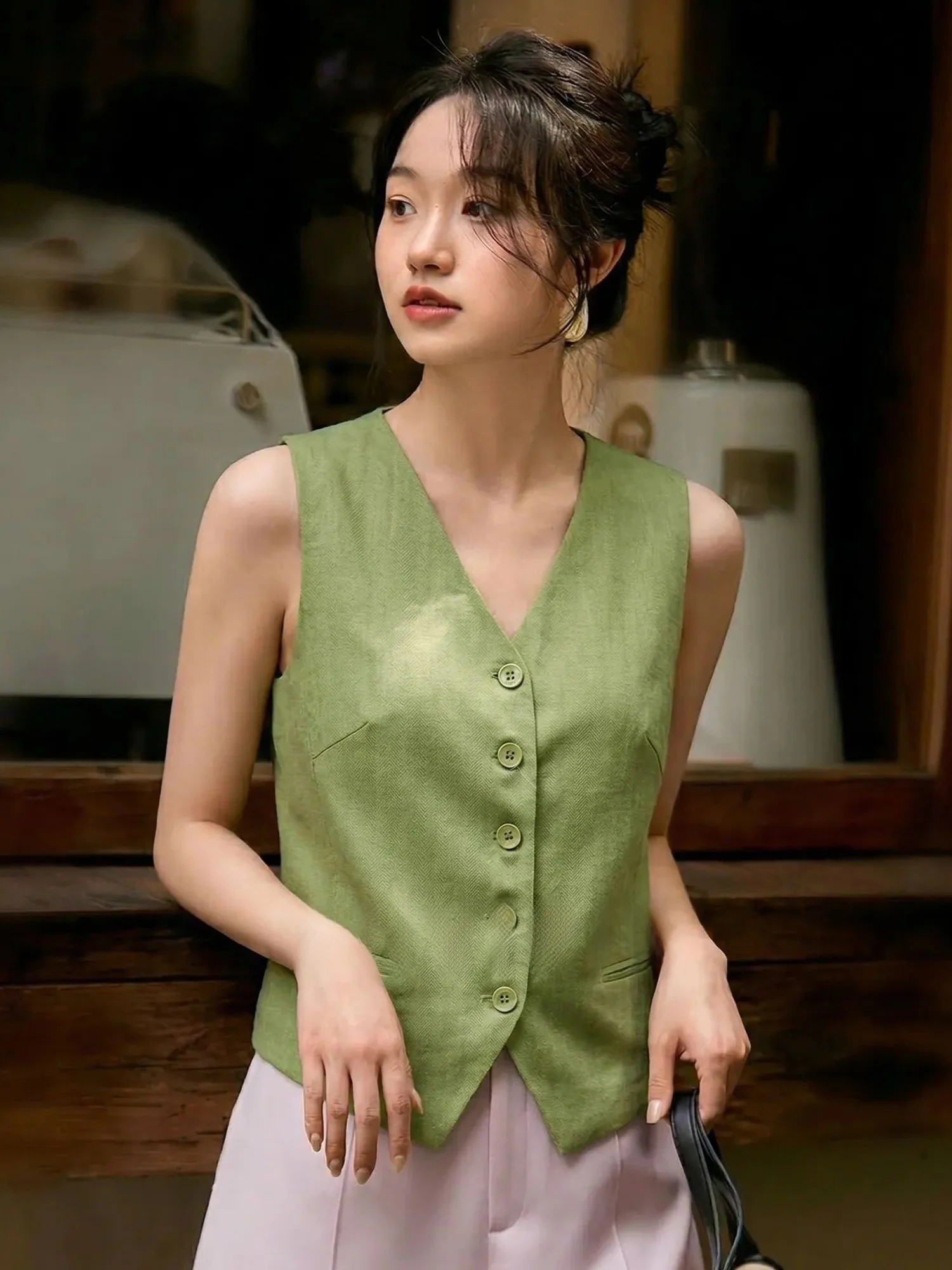 

Chivirin Summer Commute Style V-Neck Single Button Roupé Sleeveless Vest Women's Business Suit Vest Lightweight Elegant