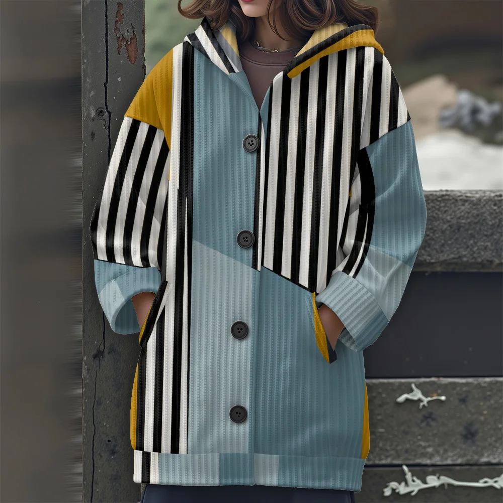 추상 기하학 캐주얼 여성용 스웨터 기하학적 줄무늬 긴팔 스웨터 불규칙한 라인 긴 스웨터