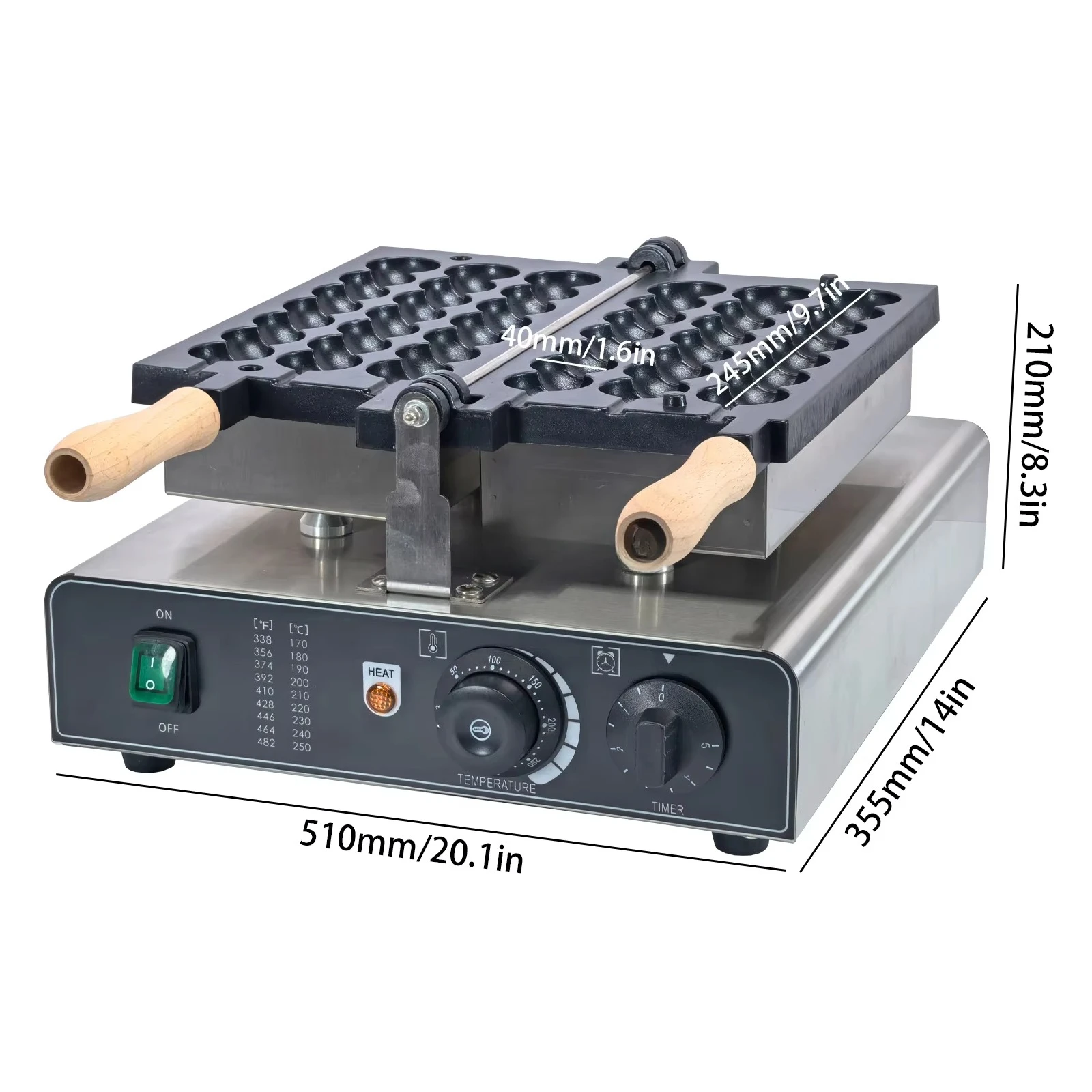 Easy-to-operate double-heated stainless steel bubble waffle bar machine