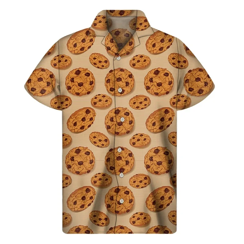 Chocolate Chip Cookie Pattern Print Beach Shirts Mens Short Sleeve Button Large Size Shirt Tops Casual Designer Hawaii Blouse