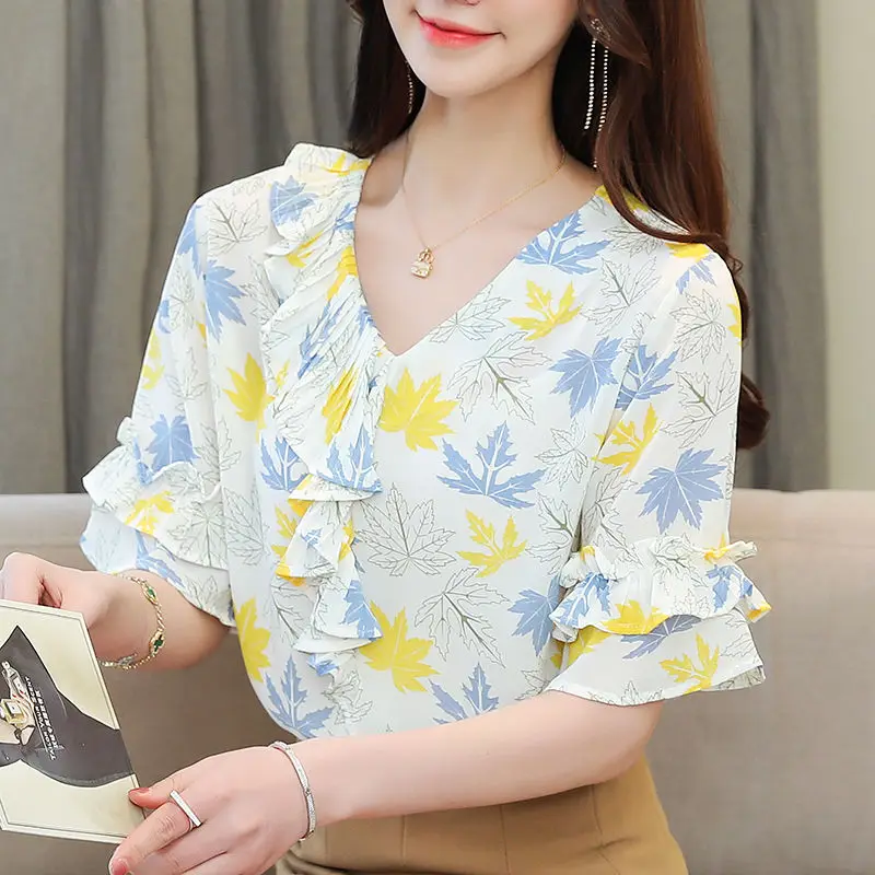 Elegant V-Neck Flare Sleeve Printed Ruffles Summer Chiffon Shirt Office Lady Pullovers Oversized Loose Women\'s Clothing Blouse