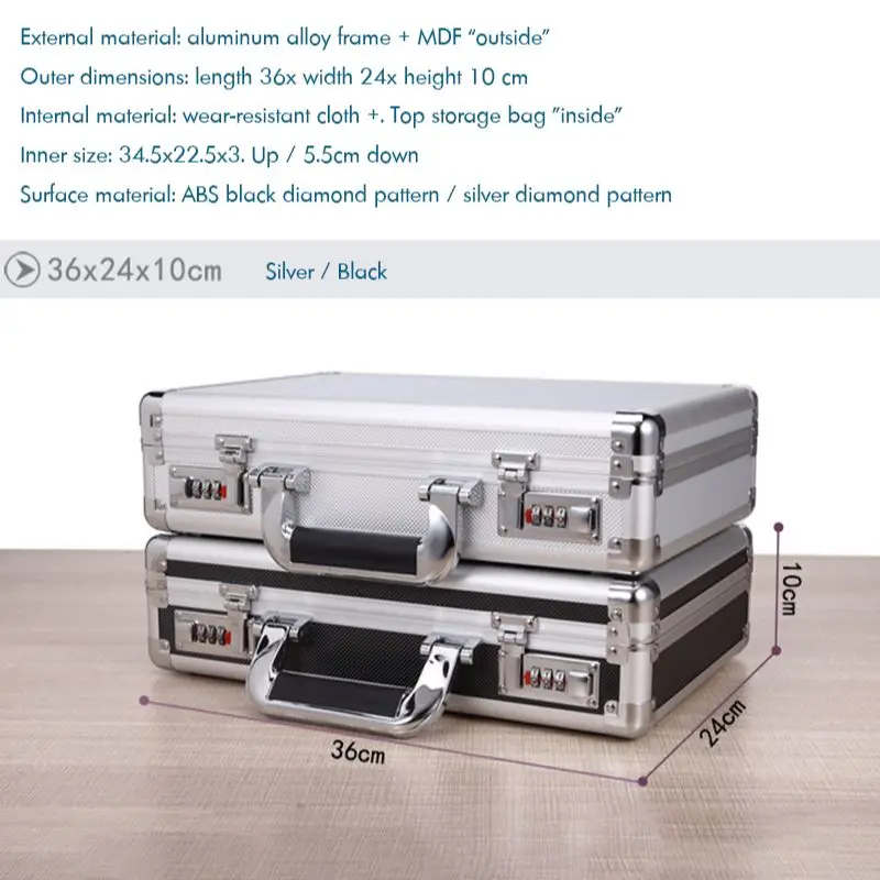 Portable Aluminum Hard Case Passwords ToolBox Black / Silver Briefcase Metal Carrying Case Equiment Tool Box Organizer Holder