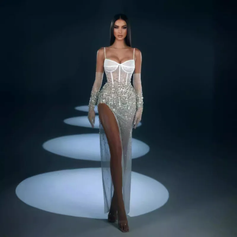 Robe pour femmes, gants à la mode, strass, cintré à la taille, bretelles en maille transparente, luxueuse robe de soirée Socialite, nouvelle collection 2025