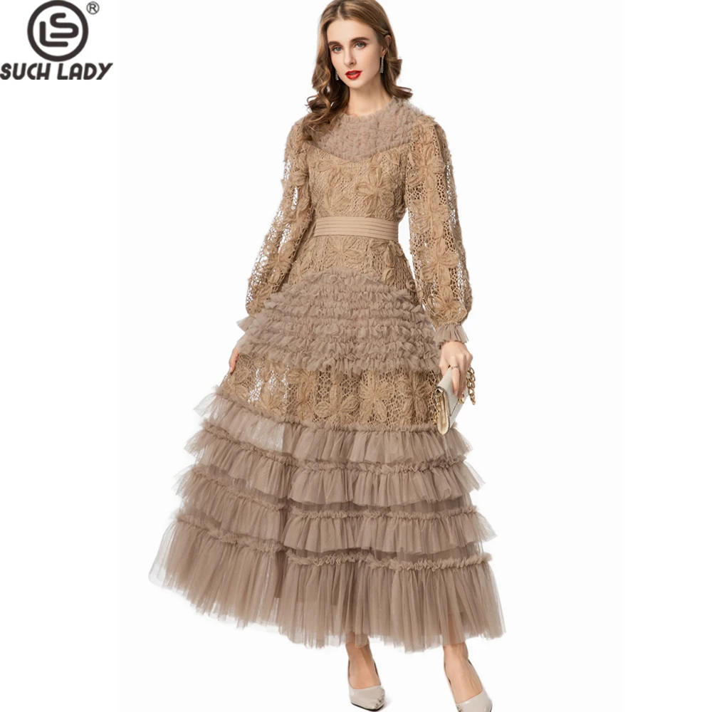 Abiti da donna o collo manica lunga in pizzo e tulle multistrato alla caviglia maxi abiti da ballo per feste