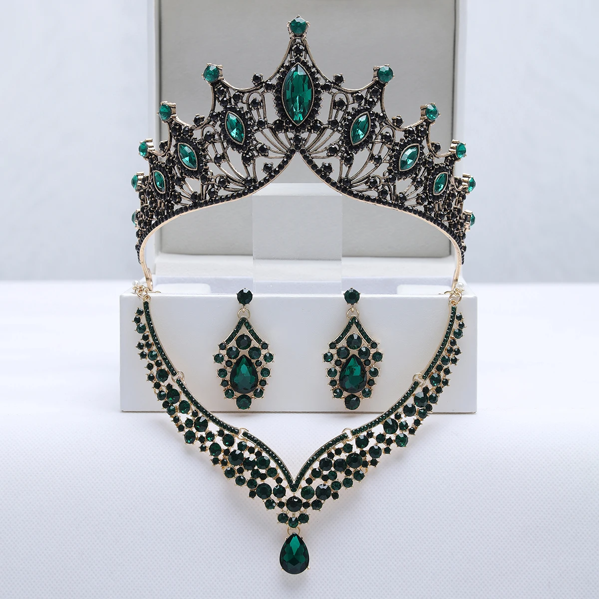 Itacazzo Bridal Headwear	Full Of	Dark Style	Retro Green-color	Ladies' Ball Party Tiara Necklace Earrings 4 Pcs Set	(Without Box)