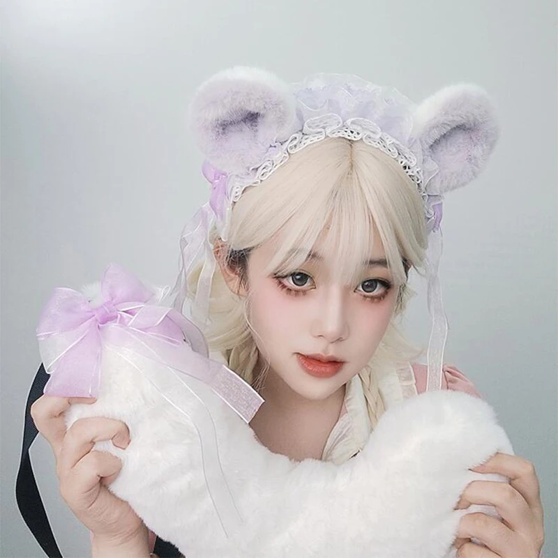 Lolita Girl Headdress Cute Animal Hamster Round Ear Plush Headband Cosplay Tail Party Cosplay Prop Halloween Performance Props