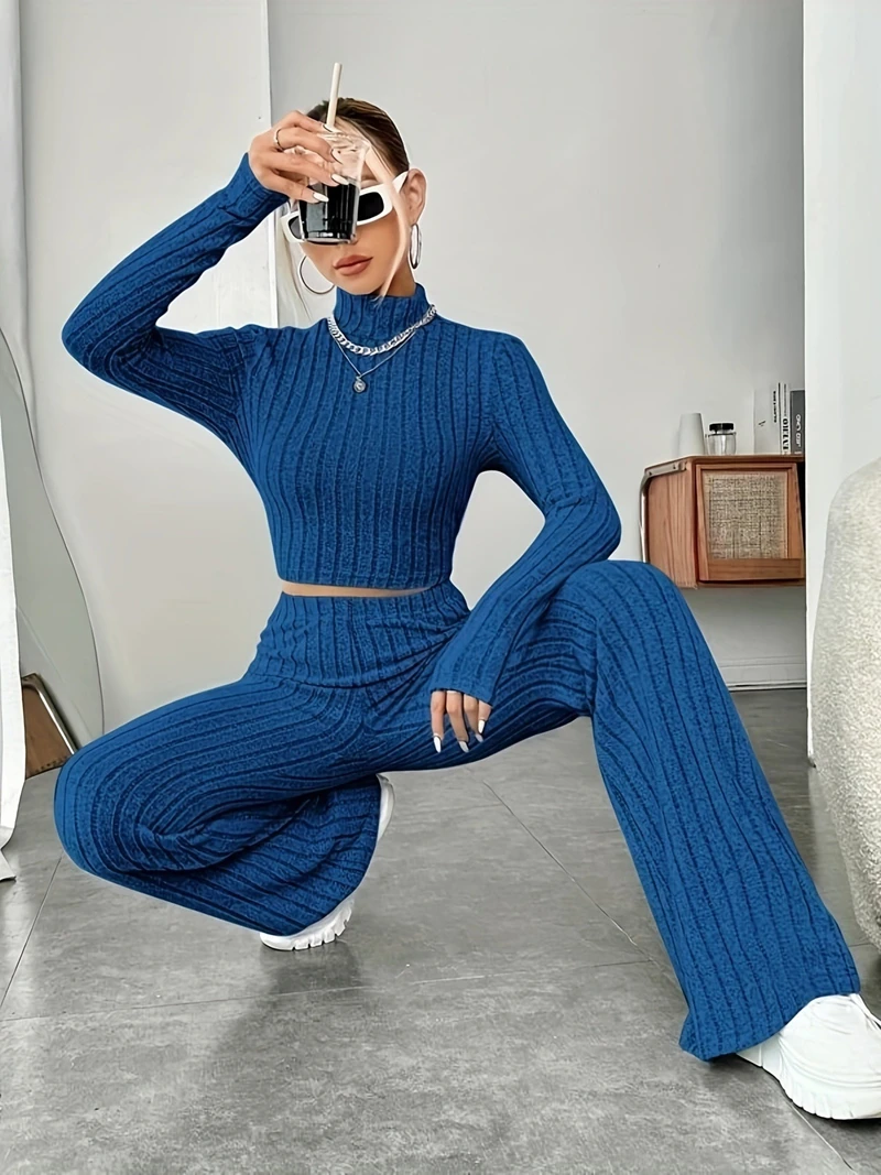 

Sexy Women's Lounge Set Long-Sleeve High-Collar Top And Long Pants Soft Fabric Slim Fit Trendy Loungewear Can Be Worn Outside