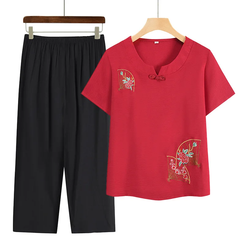 Conjunto de Pijama para madre de mediana edad, ropa de casa de talla grande 5XL, conjuntos de pantalones de manga corta, Pijama estampado para Mujer, Verano