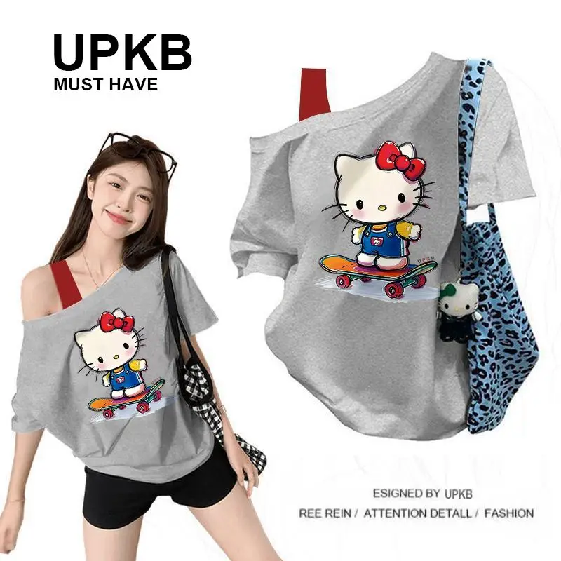 Hello Kitty Off Shoulder T Shirt Women Short Sleeve Loose Soft Cotton Y2K Cute Cartoon Print Casual Streetwear Slant Neck Tops view 6