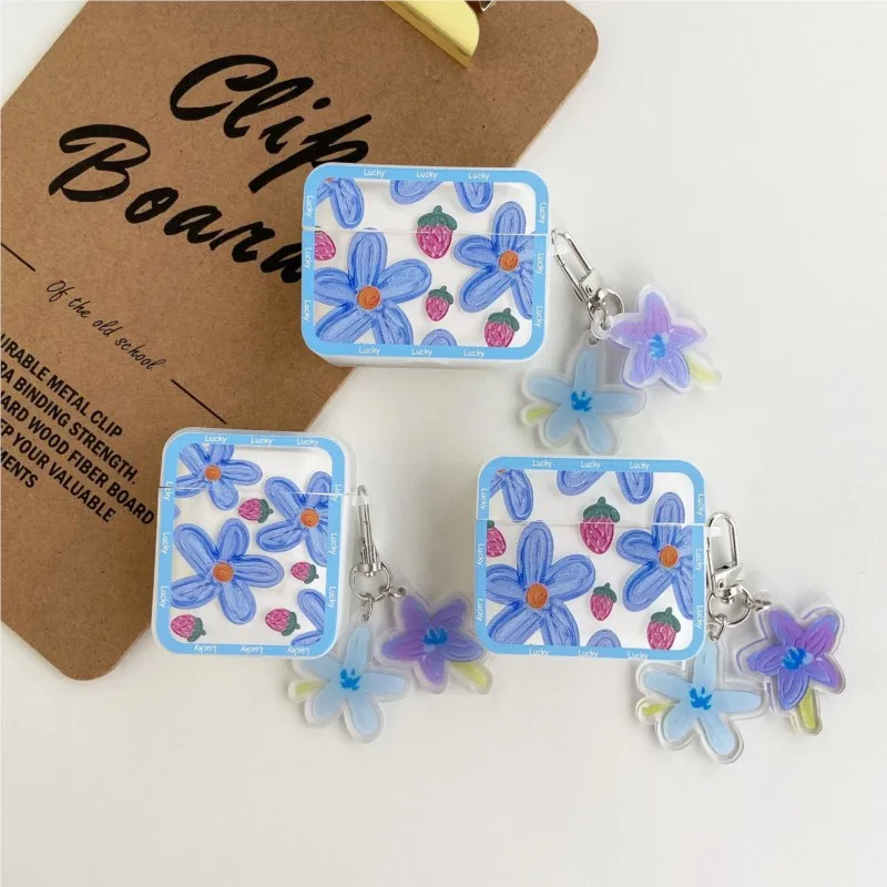 Blue Flower Design Case For Airpods Pro2nd  Soft TPU Bluetooth Shell For Apple Airpods 3 2 1 With Flower Keychain Cases 