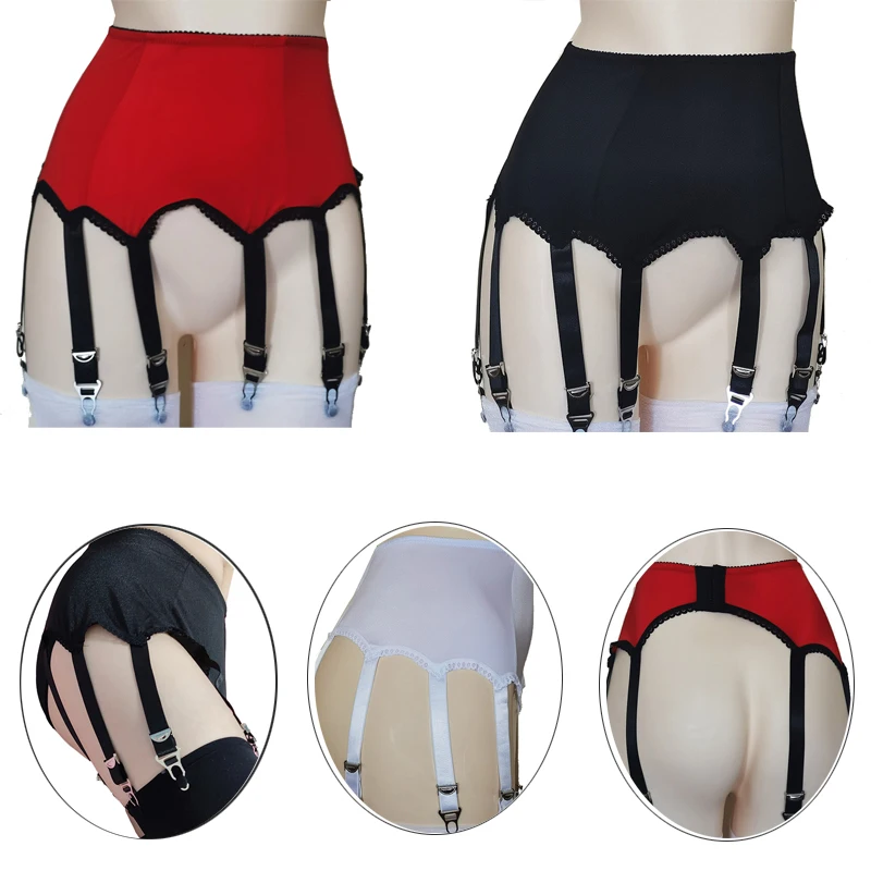 Sabuk Garter Seksi Hitam dengan 8 Tali Gesper Sabuk Garter Merah untuk Stoking Pantyhose Lingerie Malam Wanita