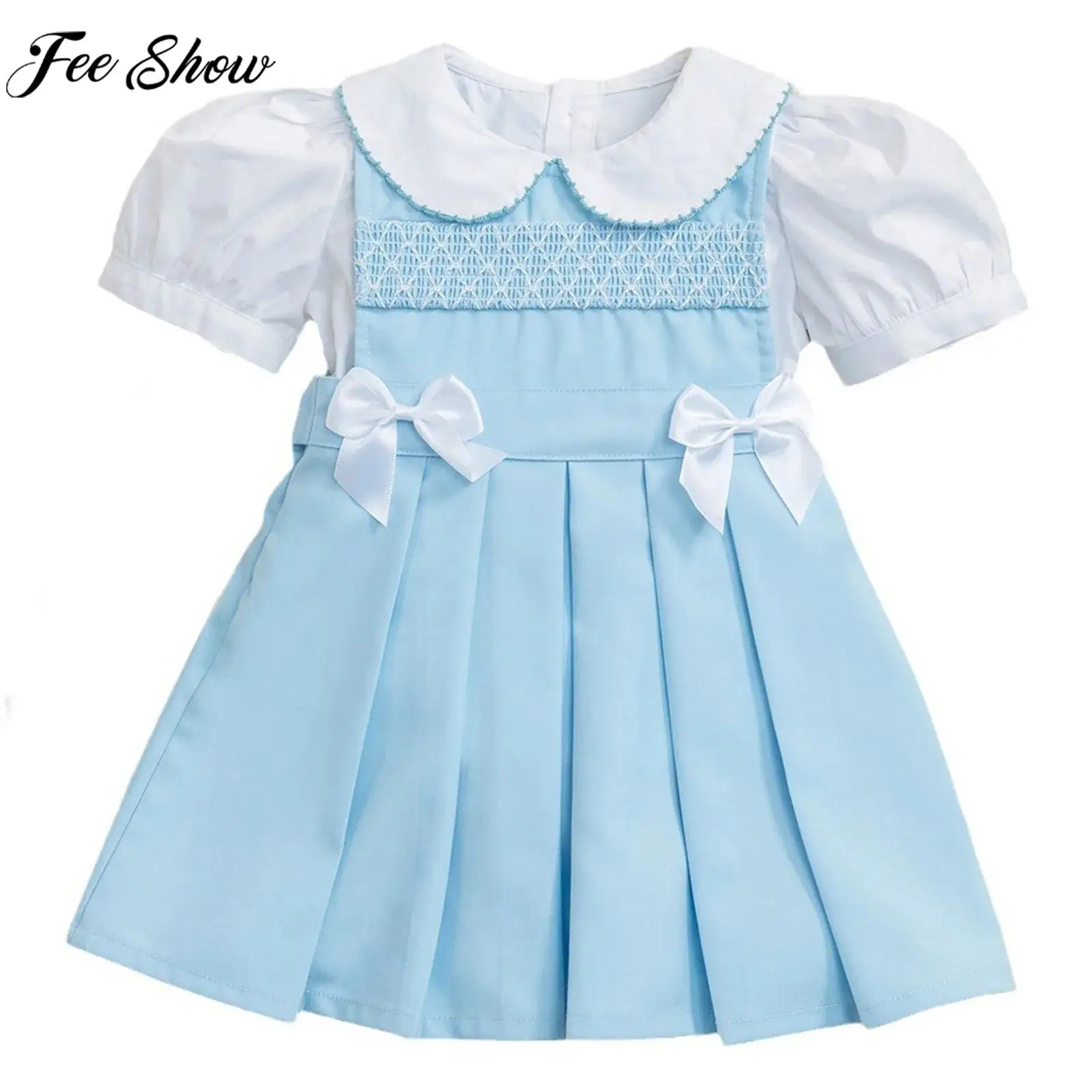 

Toddler Girl Summer Casual Dress Set Puff Sleeve T-shirt with Pleated Suspender Dresses Daily School Vacation Photography Outfit