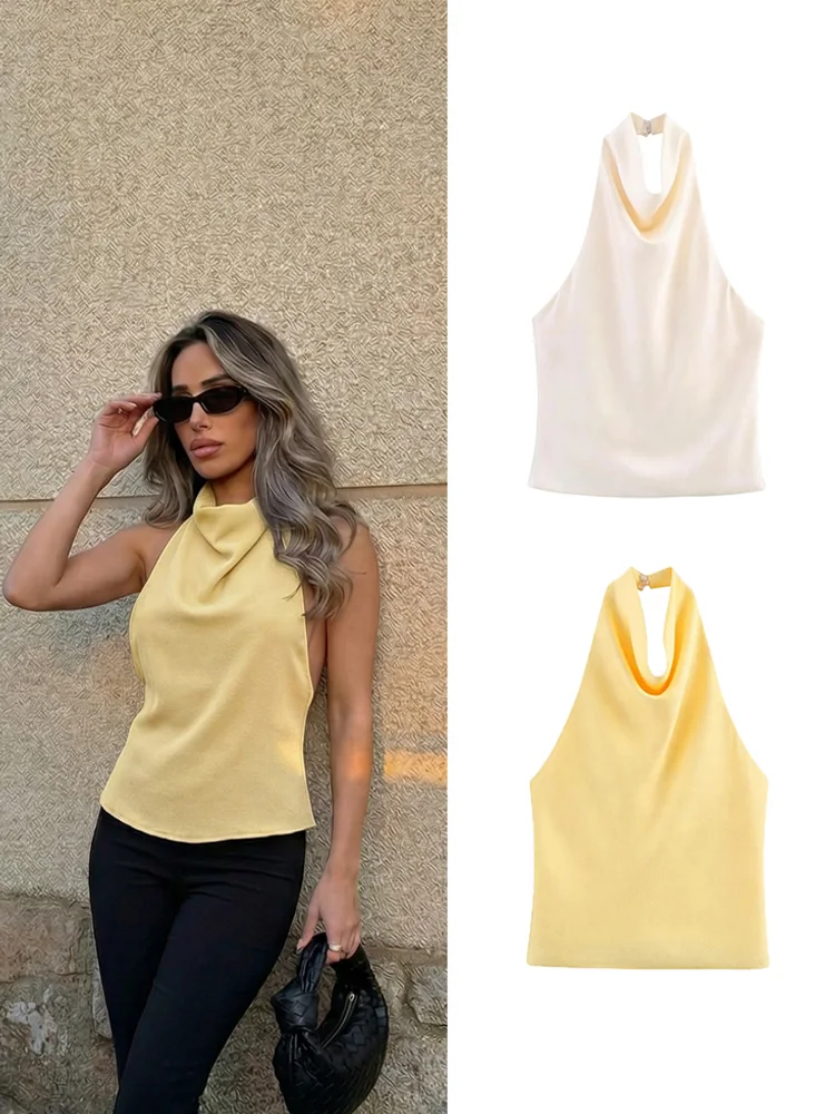 HH Damen Elegantes Gelbes Neckholder-Top Ärmellos Rückenfrei Weste Sommer Lässig Urlaub Damenmode High Street Chic Top
