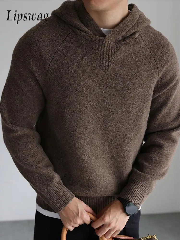 

Классические мужские однотонные худи с капюшоном, винтажные облегающие эластичные вязаные свитшоты, мужские джемперы, весенняя уличная одежда, вязаные худи