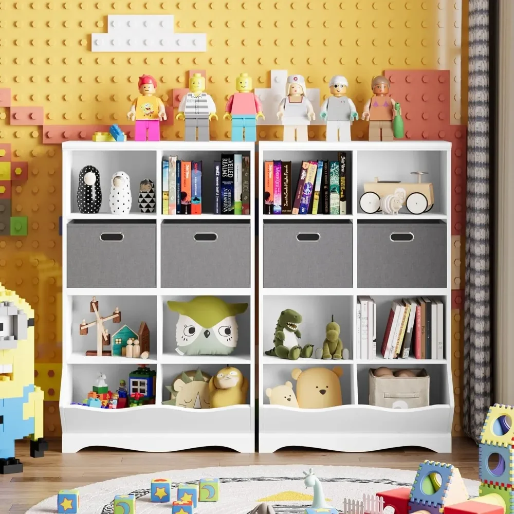 

Toy storage box, children's bookshelf with 2 boxes and cubicles, for boys and girls, children's room, playroom, white