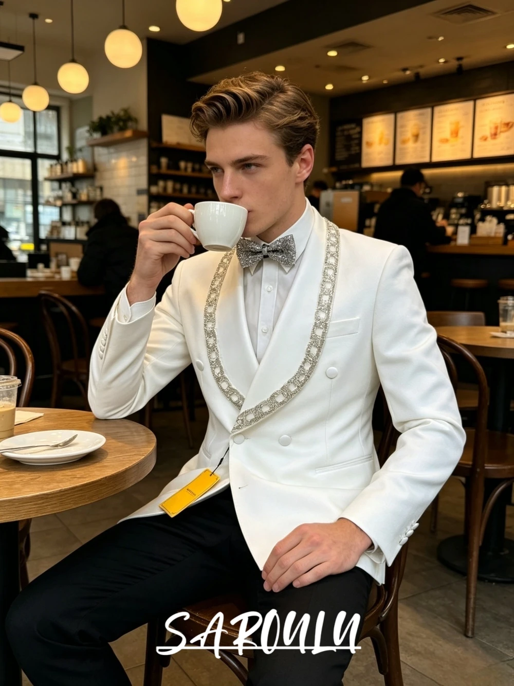 

High-end Men's White Formal Suit, Crystal Embellished Shawl Lapel Tuxedo, Wedding Groom Party Wear, Double Breasted Tuxedo