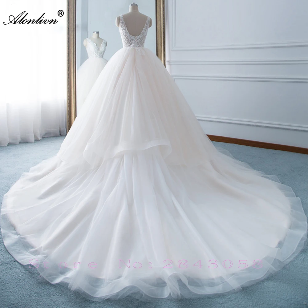 Alonlivn Real Pictures Top Beading Pearls A-Line Wedding Dress Soft Tulle Appliques V-Neck Bridal Gowns