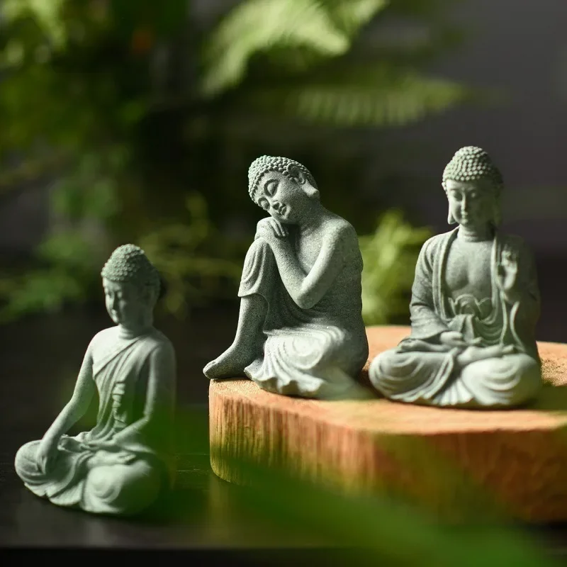 Sandstone Buddha Carvings, Zen Inspired Fish Tank Landscape Ornaments, New Chinese Creative Entrance Home Decorations