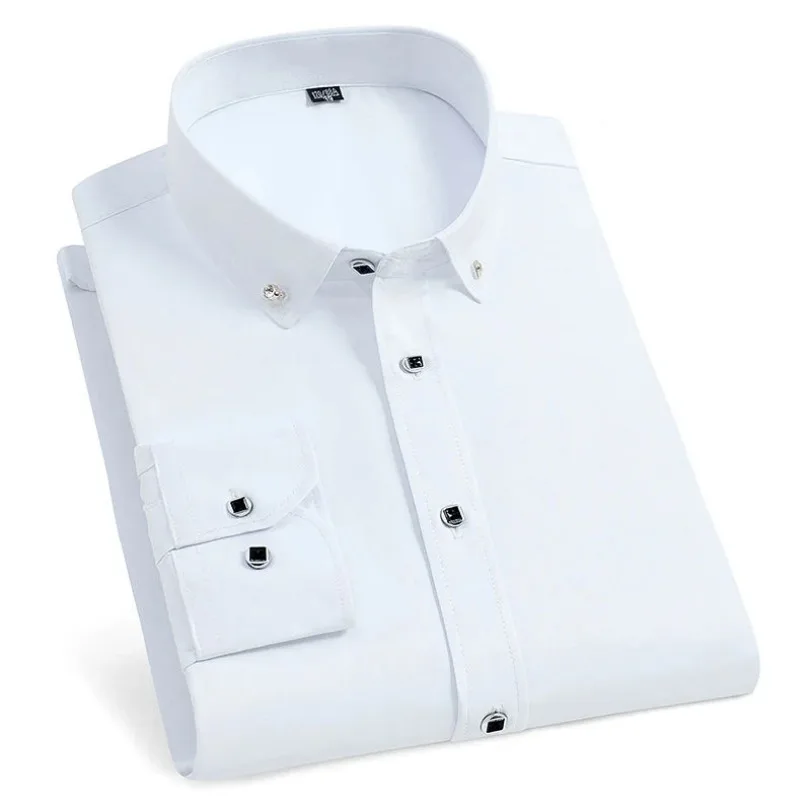 Men\'s Long Sleeve Shirt Dress Casual Solid Color Routine Fit Design Business Male Social Shirts for Men White Black Blue Navy