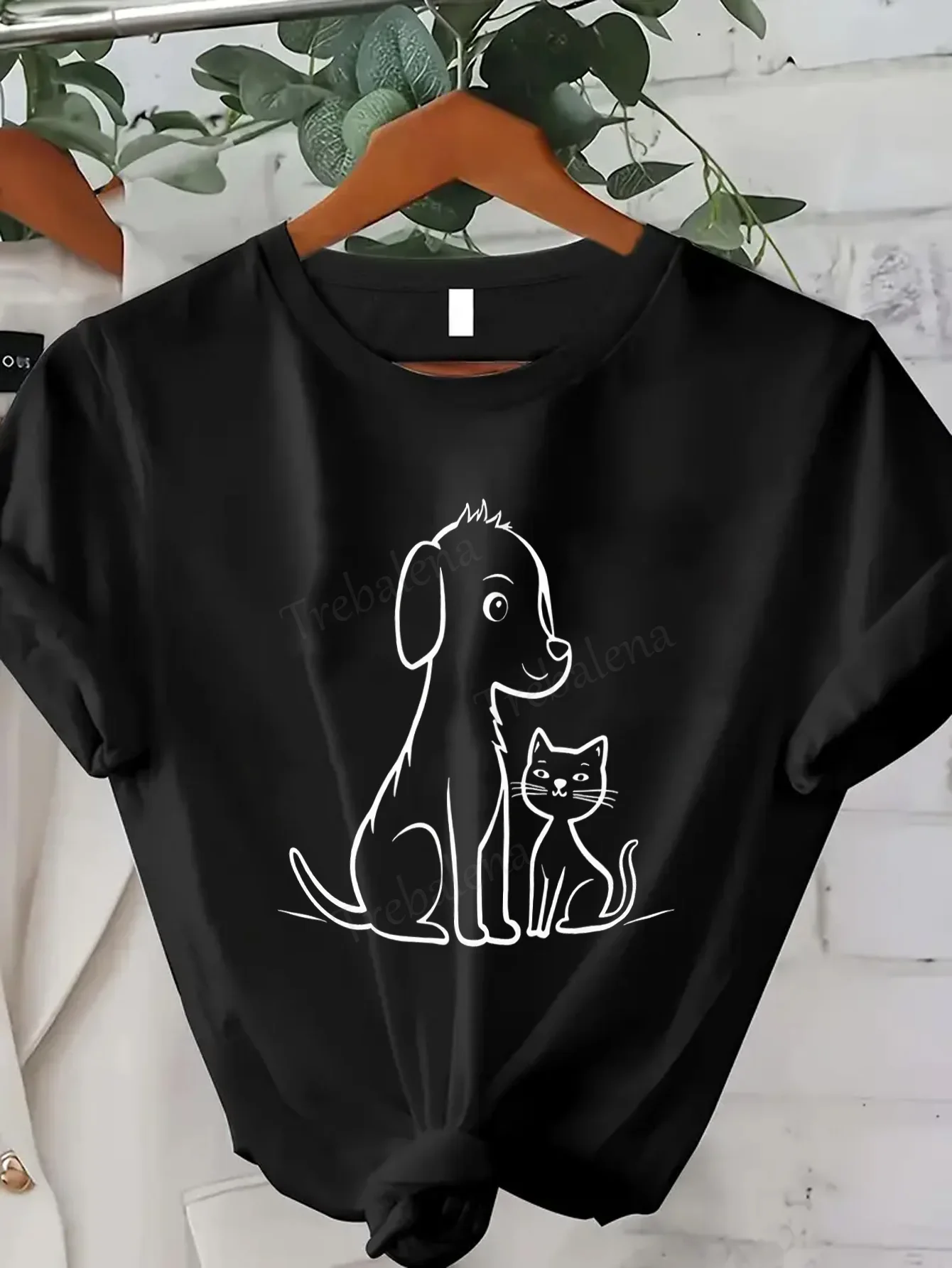 

Women T-shirt Cute Dog & Cat Print T-Shirt for Women - Casual Sexy Loose Fit Top