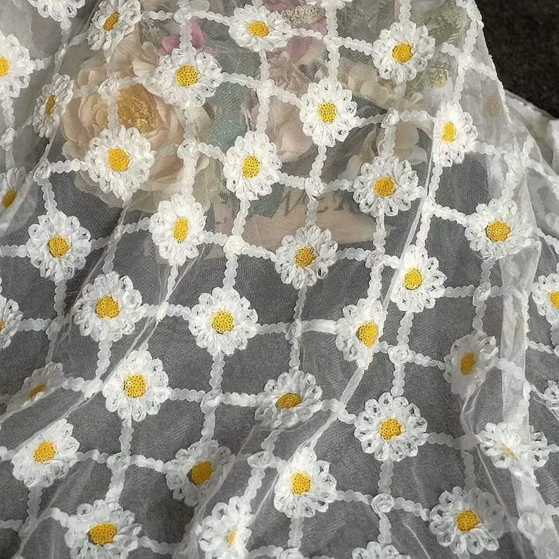 White Daisy Flower Lace Fabric Daisy Embroidered Tulle Fabric for Flower Girl Dress, Party Dress, Costume design 51