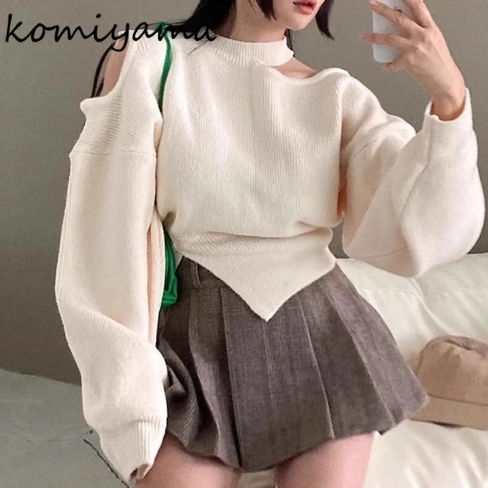 

New Off Shoulder Long Sleeve Ropa Mujer Stripe Knit Sweater Hollow Out Pull Halter Pulls Femmes Autumn Winter Clothes Woman