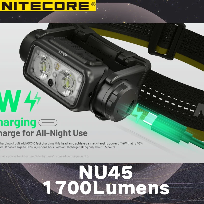 NU45 1700 люменов NITECORE, цвет света: белый свет, красный свет, перезаряжаемый налобный фонарь для походов/треккинга.