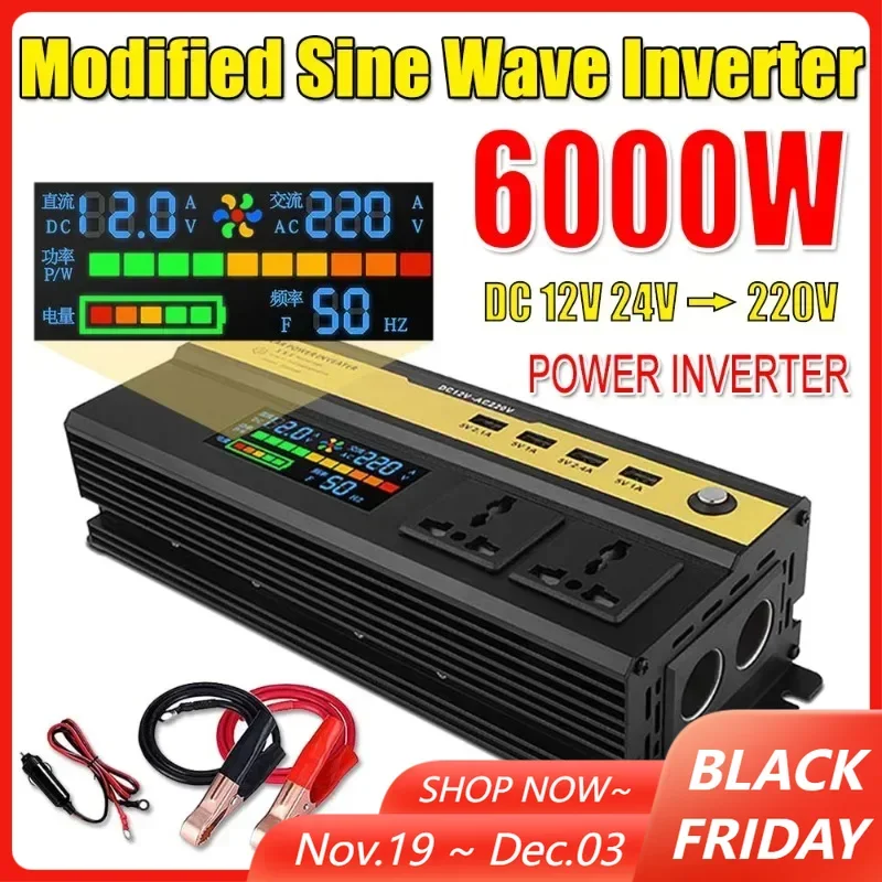 

Modified Sine Wave Inverter 6000/5000/4000/3000W Voltage Transformer Converter LCD Digital Display Solar Inverter DC 12V TO 220V
