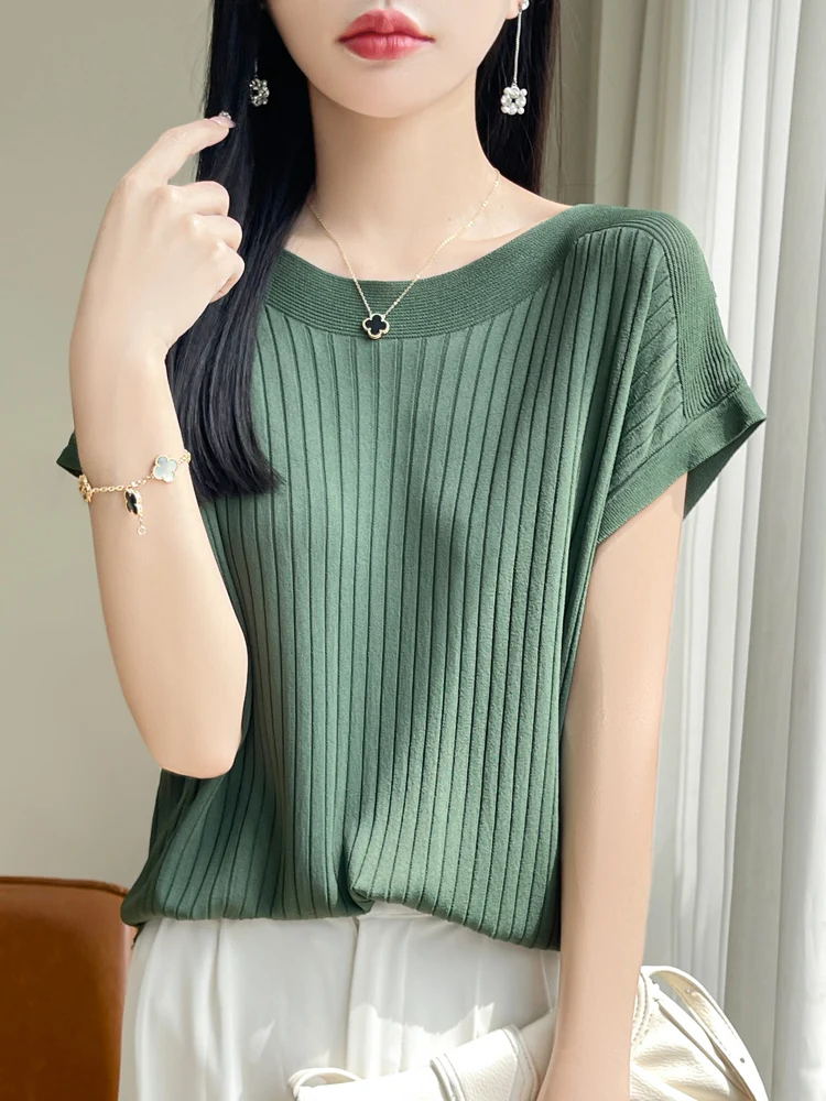 

Elegant Ice Silk Short Sleeve T Shirts Women Summer Loose High Quality Tee Letter Commute Striped Knitted T-Shirt