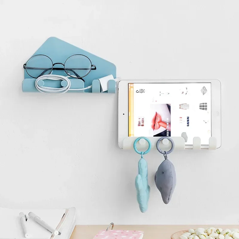 Wall Mounted Phone Ipad Holder Shelf Housekeeper Storage Rack Hanging Keys Hooks Kitchen Bathroom Organizer Shelf Home Decor