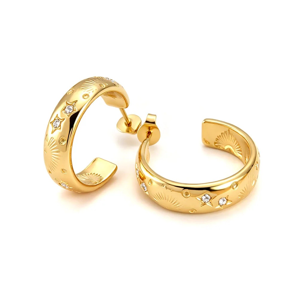 JeeMango Exquisite Chunky Hoop Earrings Blingbling Crystal Zircon Star Huggies Earrings For Women Stainless Steel Jewelry E26117