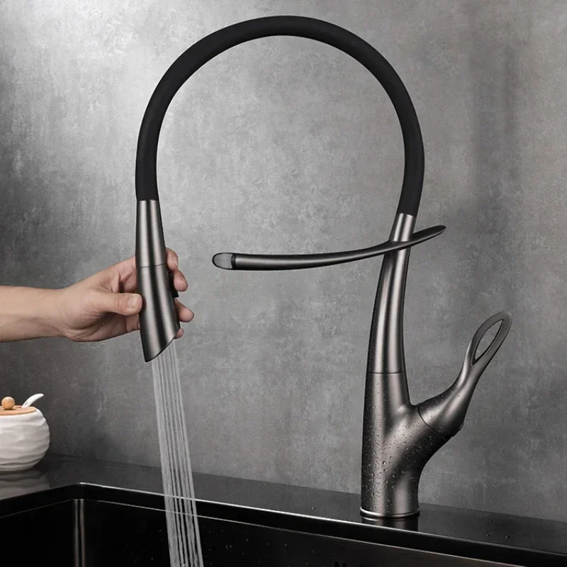 Single Handle Cold And Hot 2-Function Sink Mixer Tap Brushed Gray Pull-out Kitchen Faucet