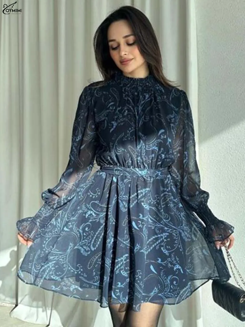 

Oymimi Elegant Blue Print Women's Dress Summer New O-Neck Long Sleeve Lace-Up Dresses Fashion Loose Mini Dresses Female Clothing