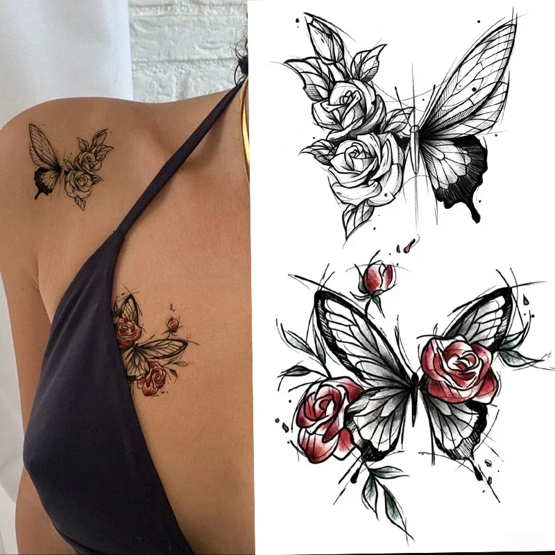 Tatouage Autocollant Temporaire Imperméable pour Femme et Homme, Papillon Noir, Rose Rouge, Fleur, Corps, Main, Pieds, Bras, Faux, Art Maquillage