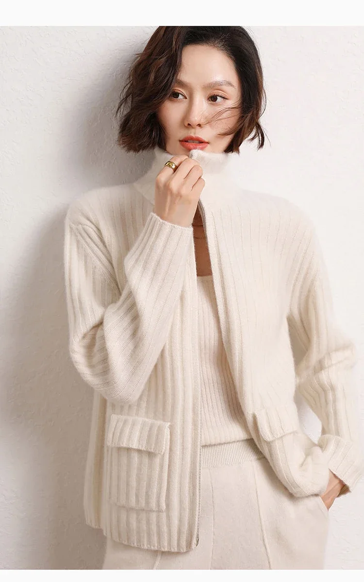Women's Heavy Three-Strand Pit Pure Cashmere Cardigan Stand-Up Collar Zipper Knitted Sweater Ingenious Craftsmanship Loose Coat