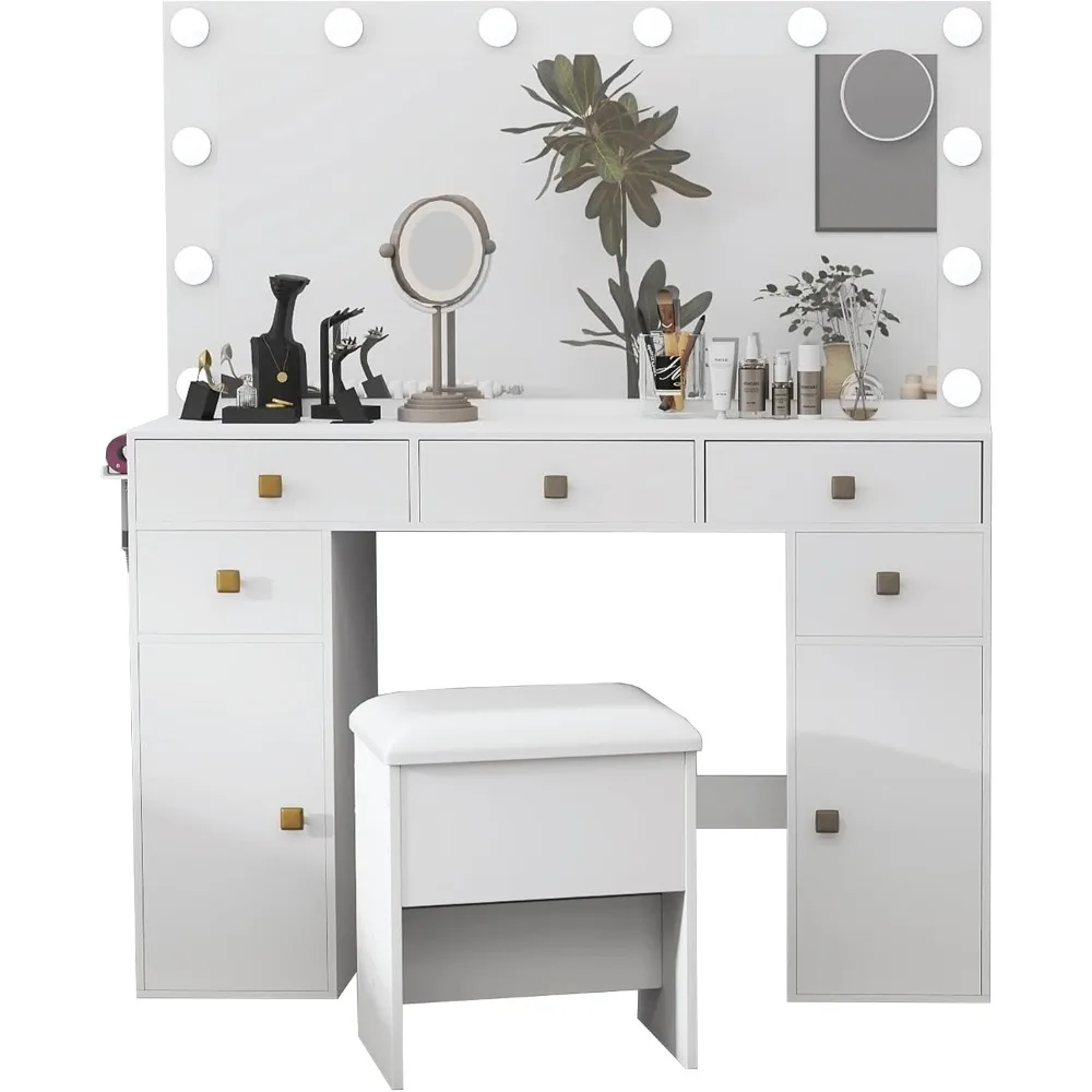 Vanity Desk with 41” Mirror and 12 Lights, 47” Tabletop with Charging Outlet, 5 Drawers and 2 Cabinets, for Girls